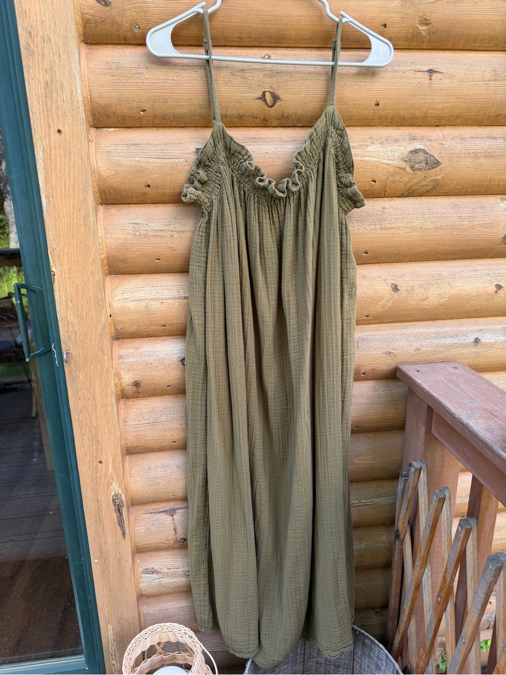 H&M Olive Maxi Dress with Smocked Ruffle Bodice